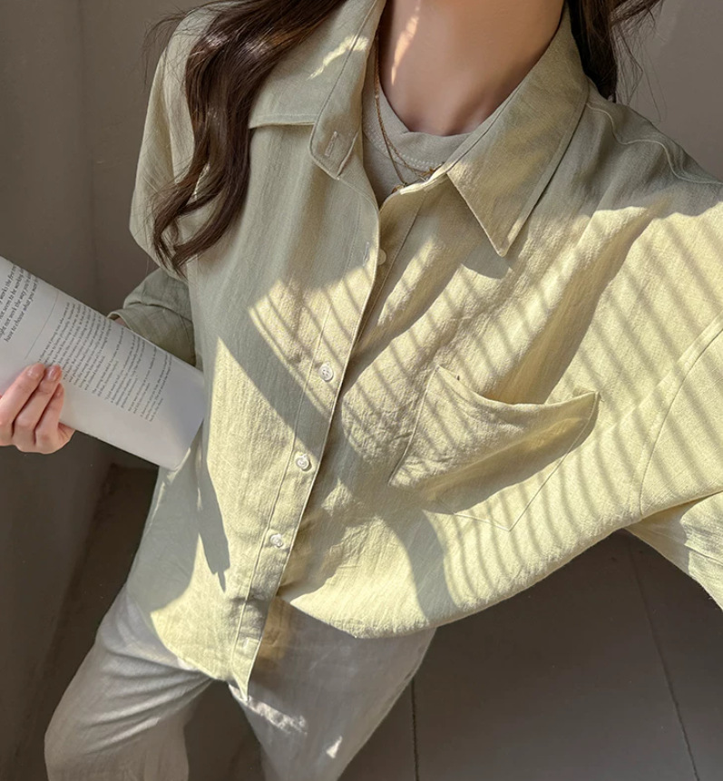 Áo sơ mi nữ linen dài tay mùa hè form rộng chống nắng phong cách lười biếng — Gạo sợi gai, Xanh lá cây nhạtcolor, Khoai tây tím, Bột sương mù ngó sen chi tiết 5