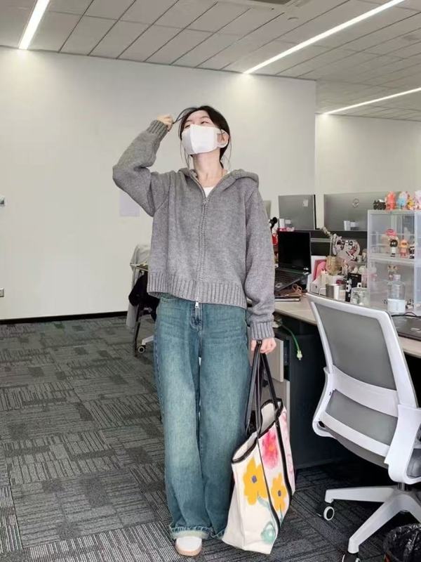 100%羊毛衫女秋冬连帽慵懒宽松双拉链针织衫毛衣外套短款开衫上衣|undefined