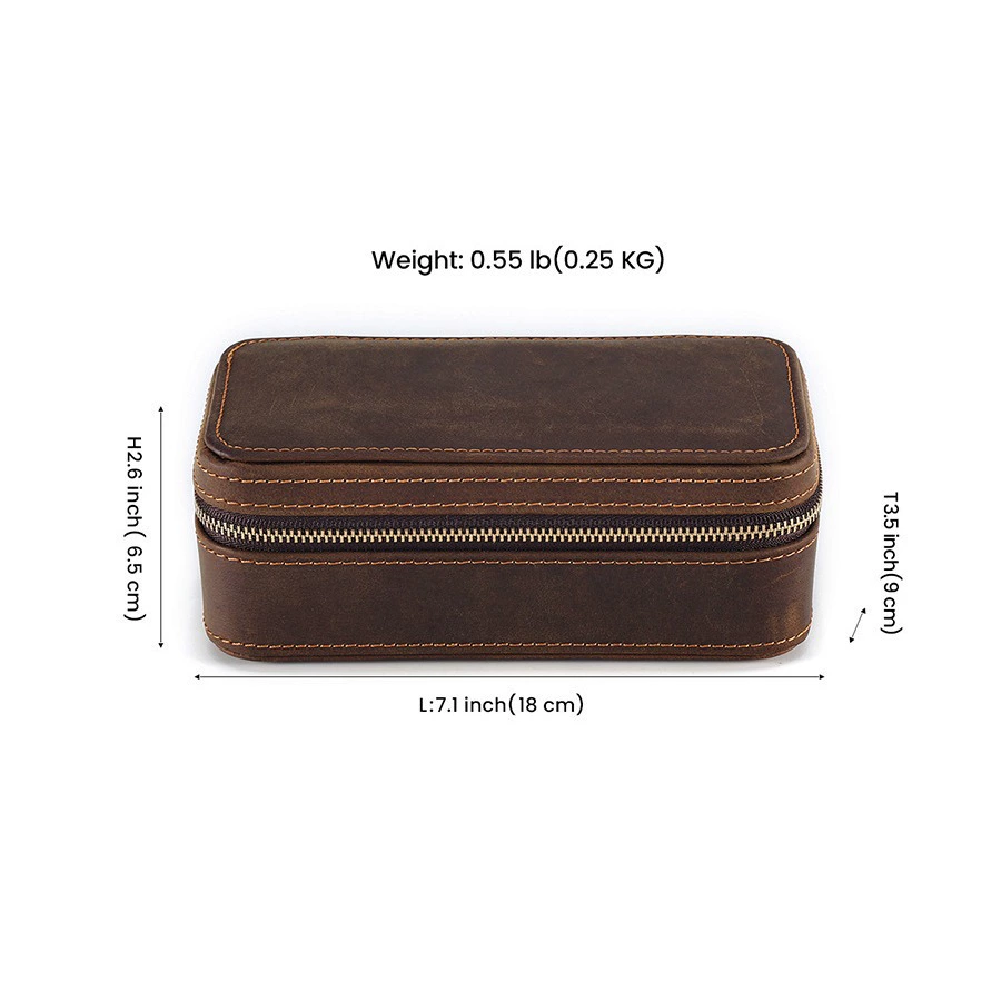 Retro rectangular watch box for traveling, storage box with zipper, genuine leather