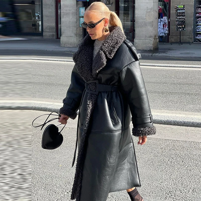 Европейский и американский женский плащ-тренч для осени и зимы 2025 года, элегантное длинное женское пальто с лацканами, длинными рукавами и поясом