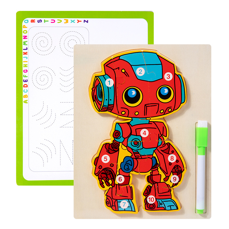 Junta de dibujo de rompecabezas robot multifuncional de madera cuerdas cuentas animales frutas tablero de coincidencia de tráfico para niños pequeños