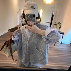 韩系慵懒风针织毛衣马甲女2025新款宽松百搭洋气口袋无袖背心外套