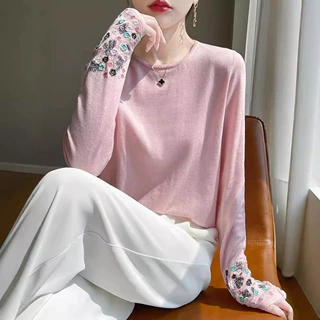 重工国风刺绣长袖蚕丝2025早秋洋气羊毛女圆领显瘦打底衫气质百搭