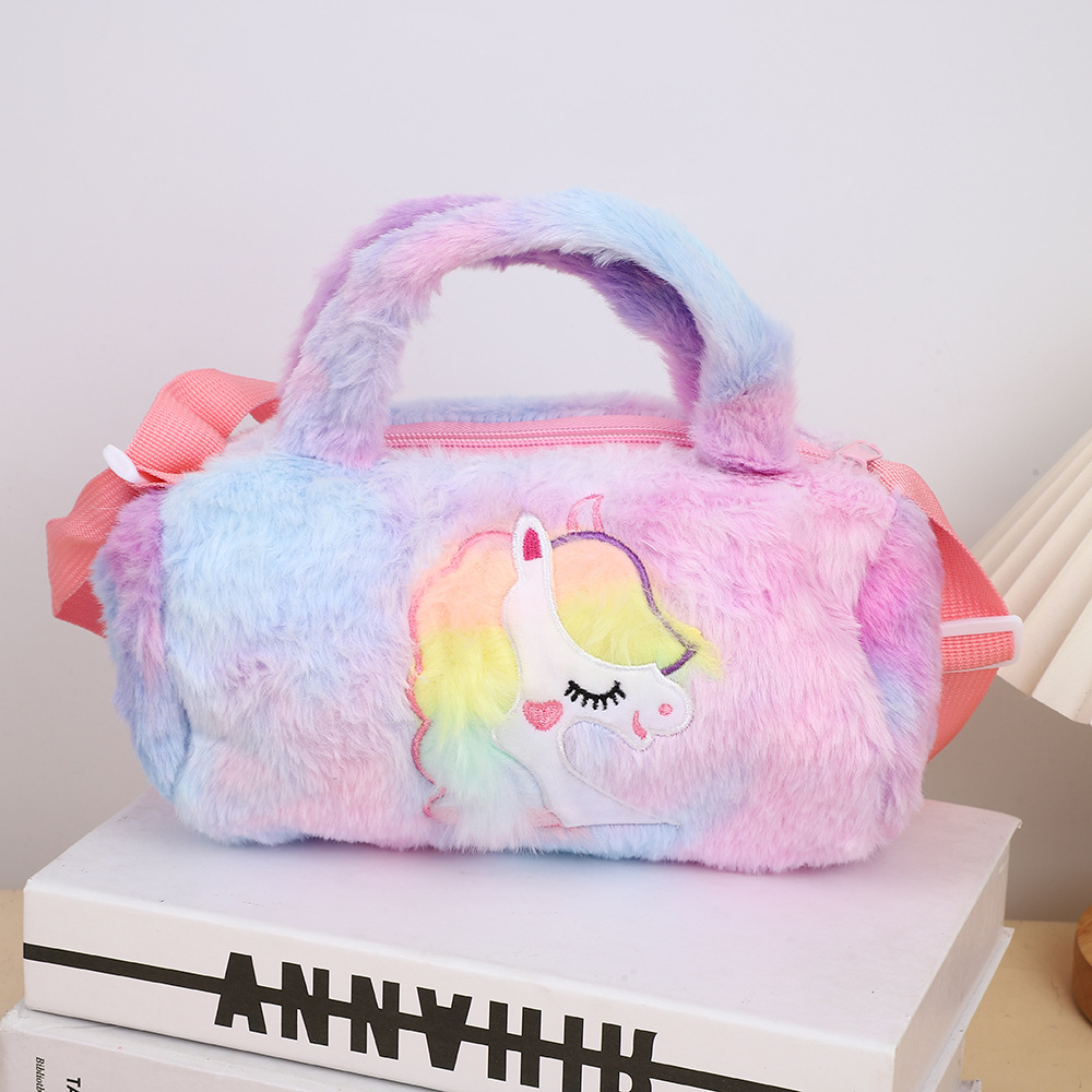 Mochila de felpa para niños transfronterizos, bolso de mensajero de un solo hombro, bolso de mano de unicornio lindo de dibujos animados, bolso de lana de gran capacidad