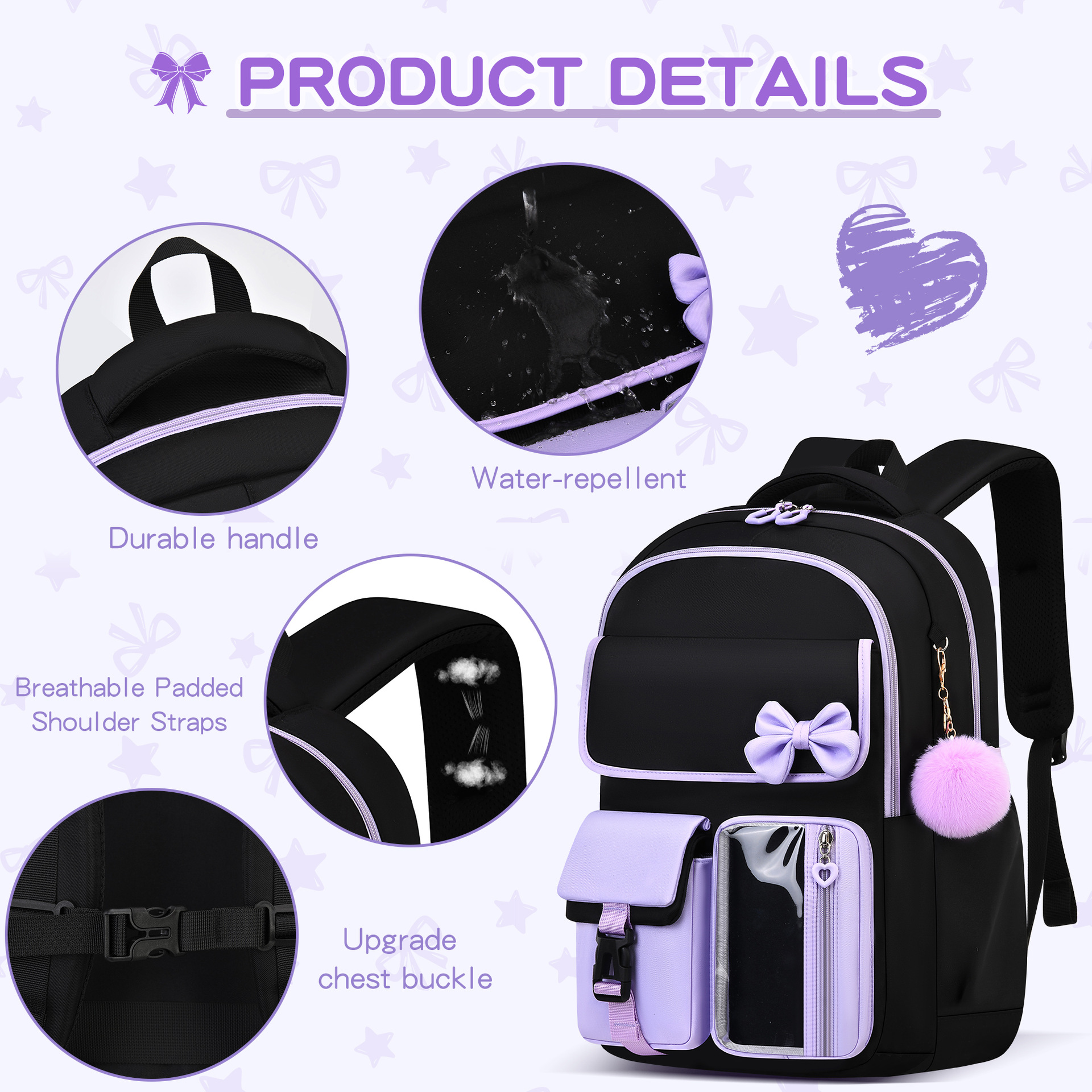 Amazon Best-selling High-capacity Bow Tie Three-piece Set Schoolbag for Girls, Junior and Senior High School and College Students, Backpack