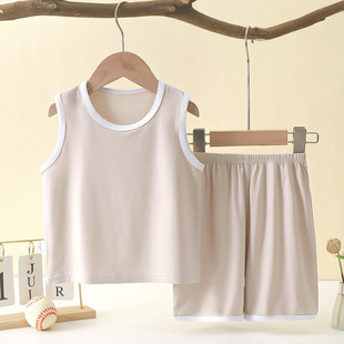 Children's Vest Suit Thin Modal Home Boy Sleeveless Air-Conditioned Clothing Baby Ice Silk Pajamas Summer Boy