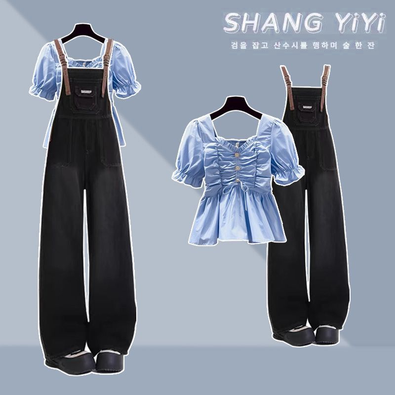 Fashion Suit # Sweet and Elegant Short Top with Slim Waist and Straight Wide-Leg Jeans