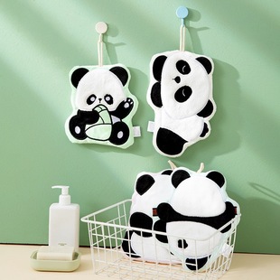 Panda Hanging Hand Towel Cute Cartoon Absorbent Quick-Drying Coral Velvet Towel Kitchen Rag Three-Layer Thickeneded Handkerchief