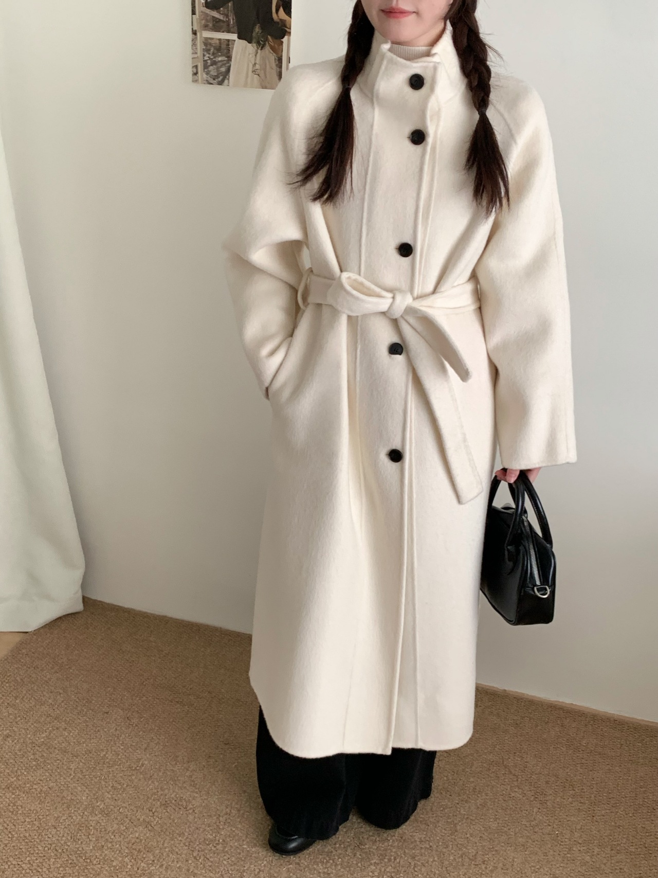 韓国風スタンドカラー新年コート レディース 両面カシミヤウール 25秋冬新作 シングルボタン ロング丈ウールコート レディース