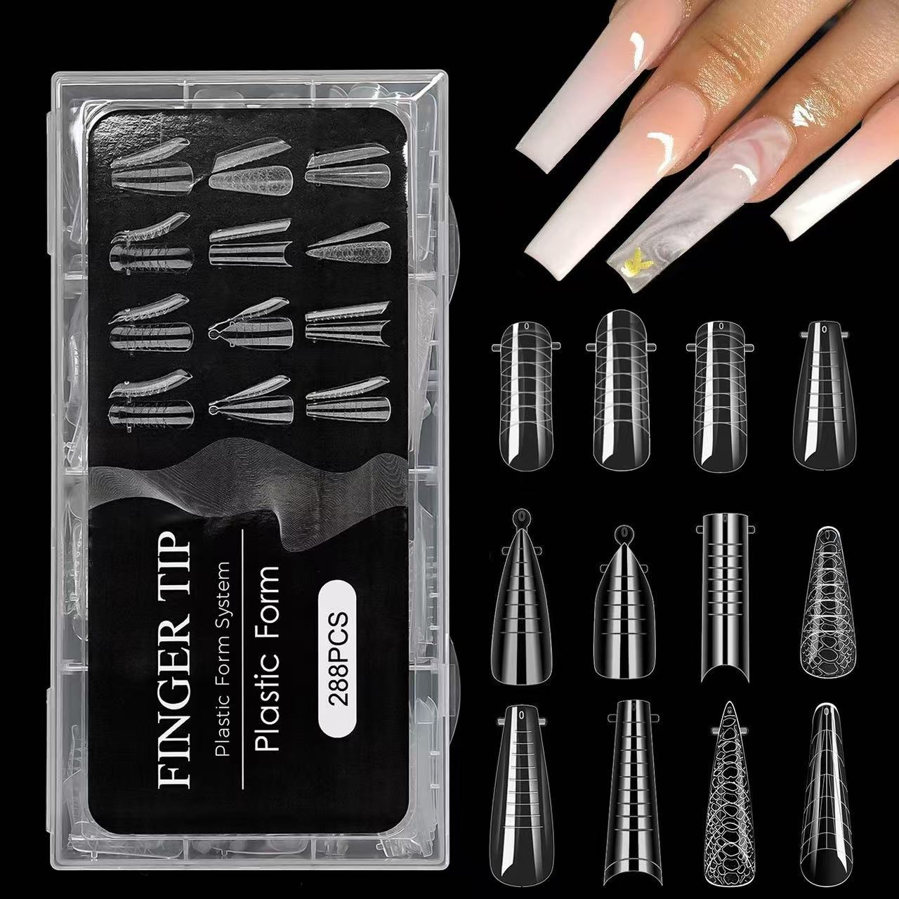 Uña cristal molde de uñas de extensión mezclado 12 dedos sin papel de extensión de cristal de uñas transparentes 288pcs