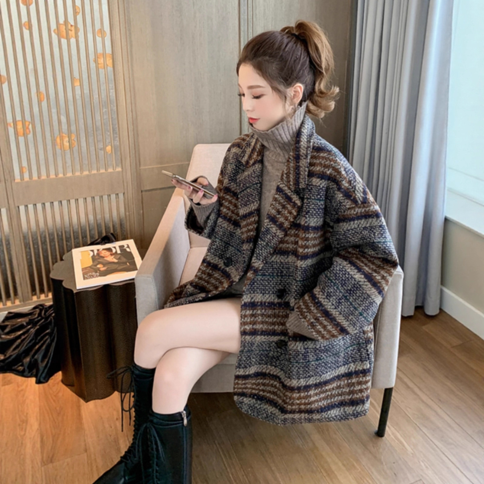 Trendy New Women's Blazer Autumn Winter 2025 Loose Petite Plaid Tweed Mid-Length Thick Wool Coat