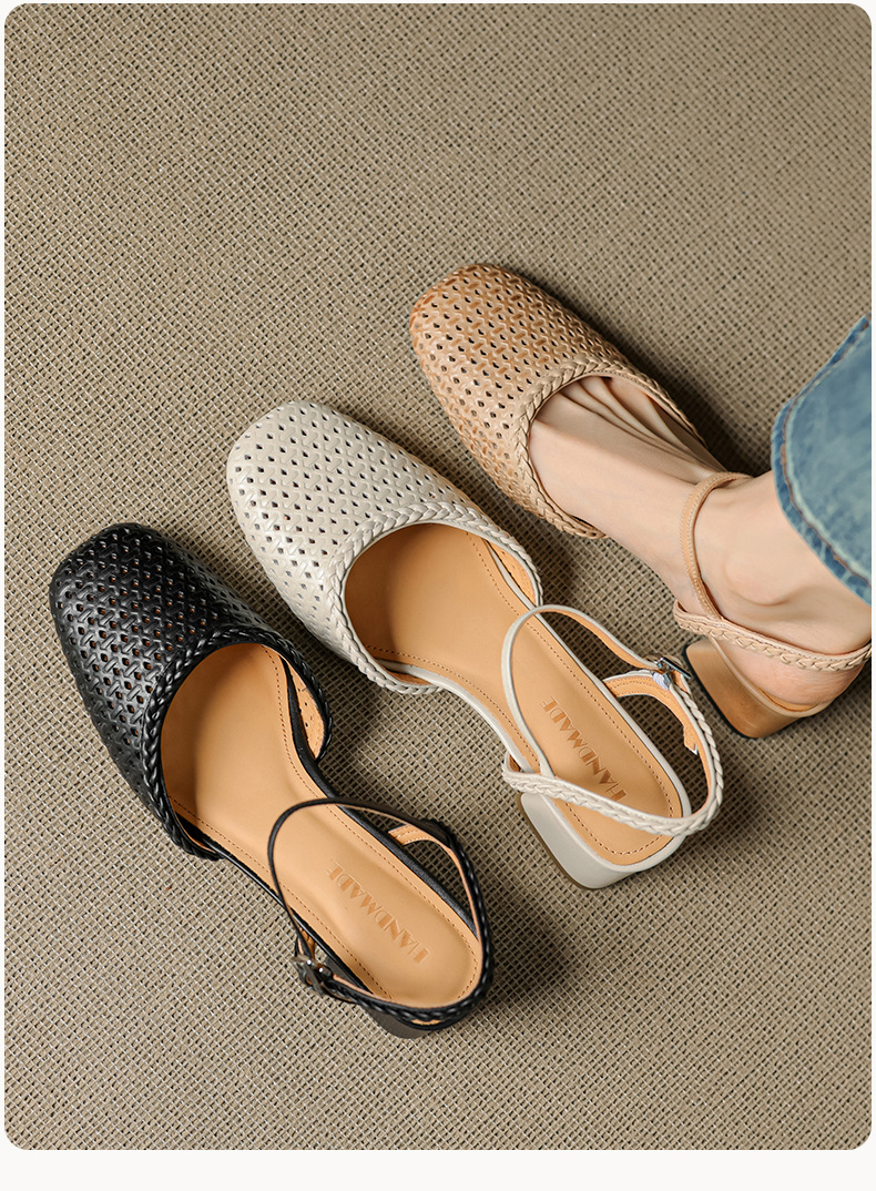 Giày sandal cao gót nữ quai ngang mũi tròn da bò, gót 5 cm — đen chi tiết 5