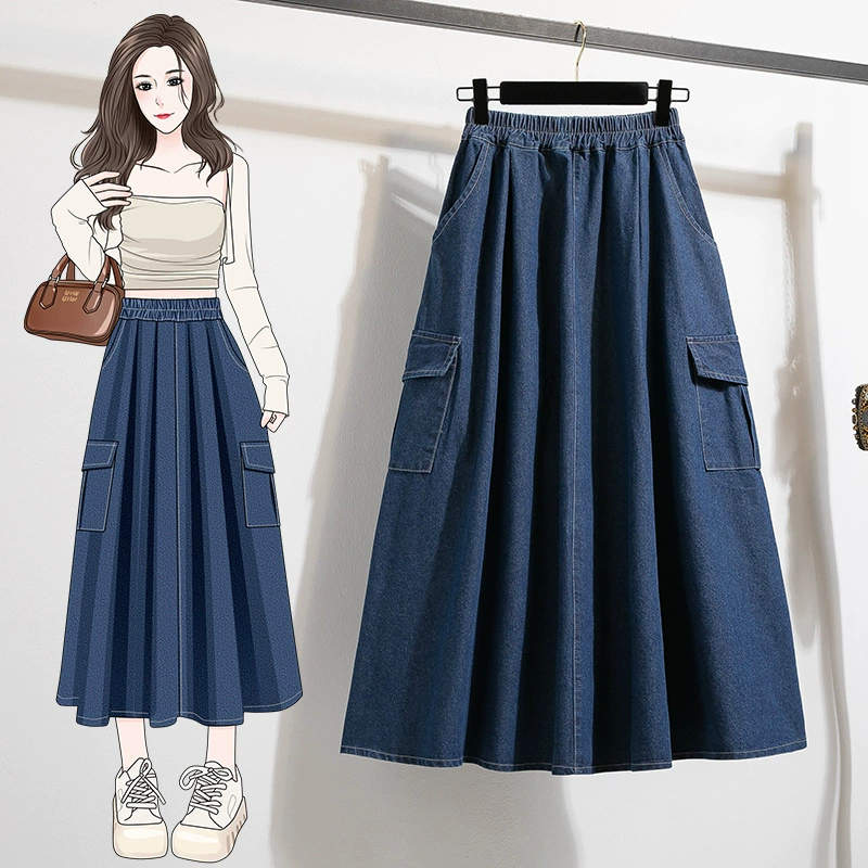 Реальная стрельба джинсовая юбка большого размера половинка повседневная свободная юбка с рюшом