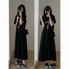 太った女の子のための新しい黒の半袖 T シャツ、ハイエンドの痩身ドレス、女性のための夏のパジャマ、膝上ロングスカート、T シャツ、トレンディ