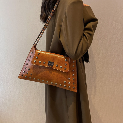 Dark Knight Vintage Buckle Bag for Women  Autumn/Winter New Arrival with Texture Chain Handle Top Handle Shoulder Bag