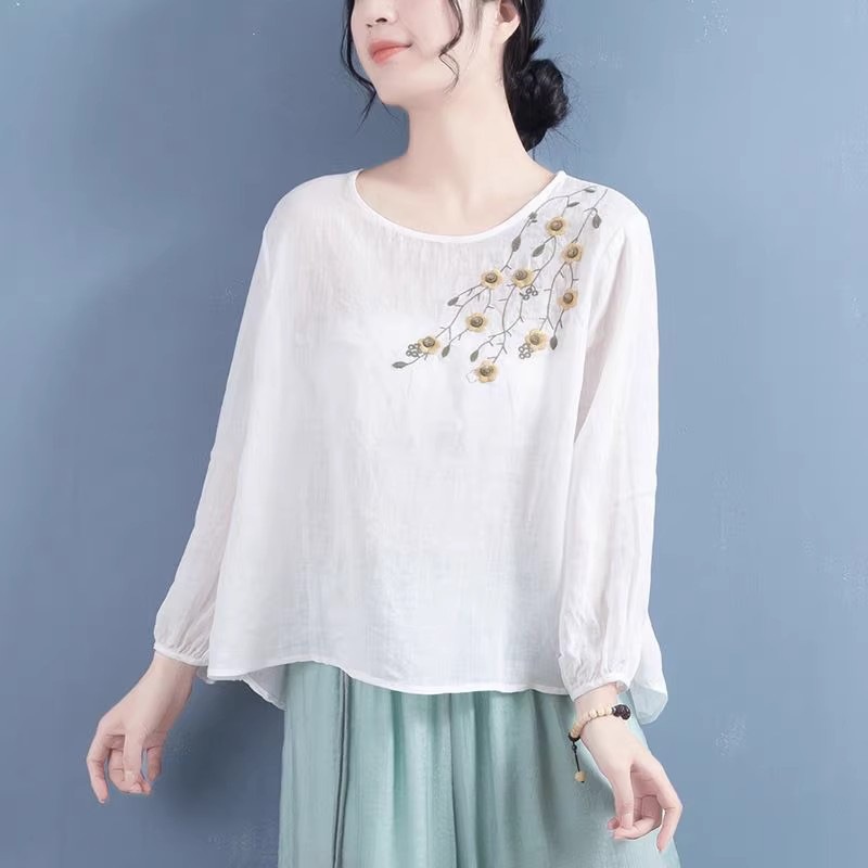 A Retro, Artistic Women's Shirt With A Round Collar And Long Sleeves, Embroidered With Ramie Fabric Patterns; Perfect Fo_ecoleips.com