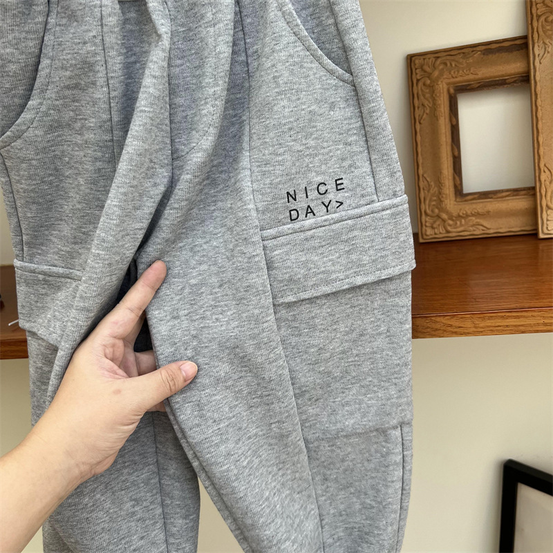 Pantaloni da lavoro e da sport per bambini autunnali 2024 per ragazzi e ragazze, tinta unita, con grandi tasche e lettere_voghion.com