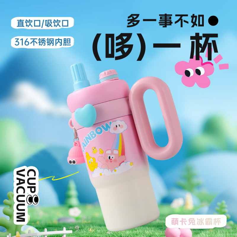 新しいかわいい漫画のパターンのアイスカップ大容量ステンレス鋼魔法瓶カップハンドル付きポータブル車のカップ|undefined