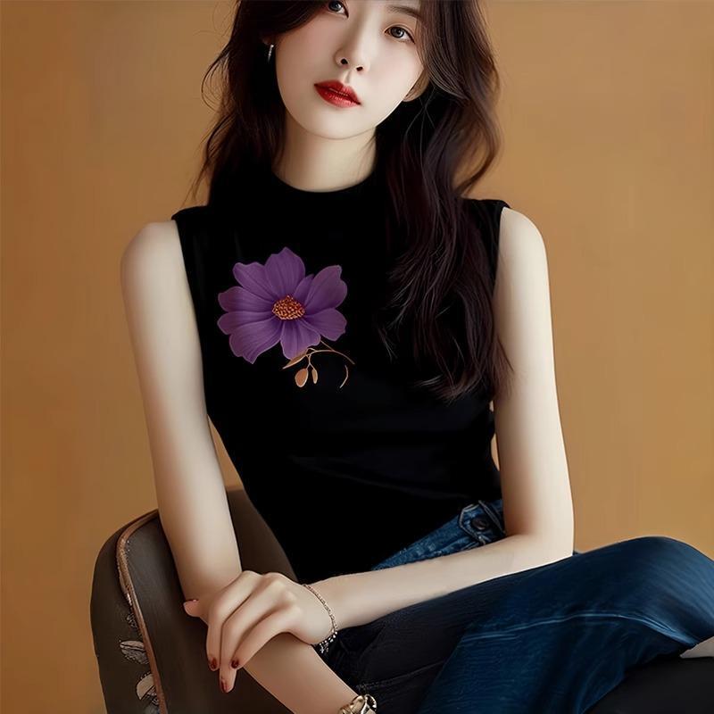 Black Printed Half-high Collar Sleeveless T-shirt Women's 2025 Summer New Cold Style Chic Slim-fit All-match Top