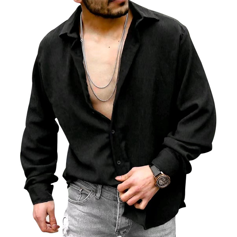 Men's Wrinkle Fabric Cardigan Solid Colour Casual Overcoat Style_voghion.com