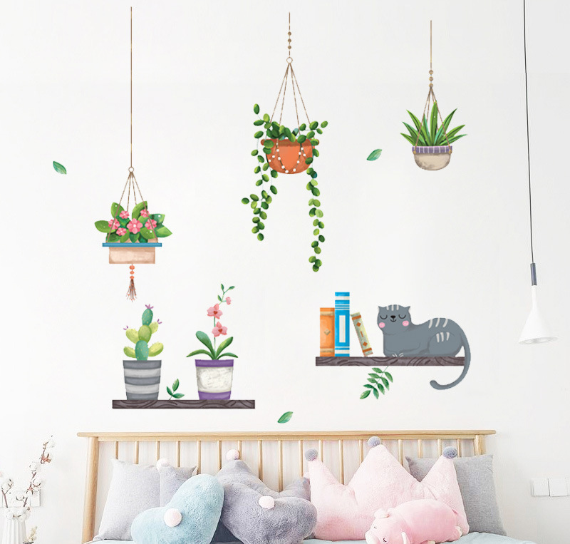 Bedroom Background Wall Stickers Cute Cat Plant Hanging Basket Wall Stickers Self-adhesive Wall Decorative Dormitory Stickers