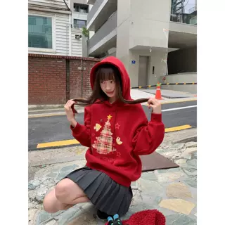 圣诞氛围感印花连帽卫衣女秋冬2025新款小个子宽松上衣