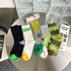 襪子女高腰顯瘦拼色中筒襪女日系簡約網紅款潮春秋百搭條紋高筒襪