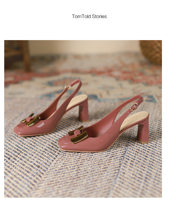 Sandal nữ mùa hè gót dày vuông mũi bao đầu khóa kim loại quai ngang lưng rỗng — Hồng mâm xôi chi tiết 19