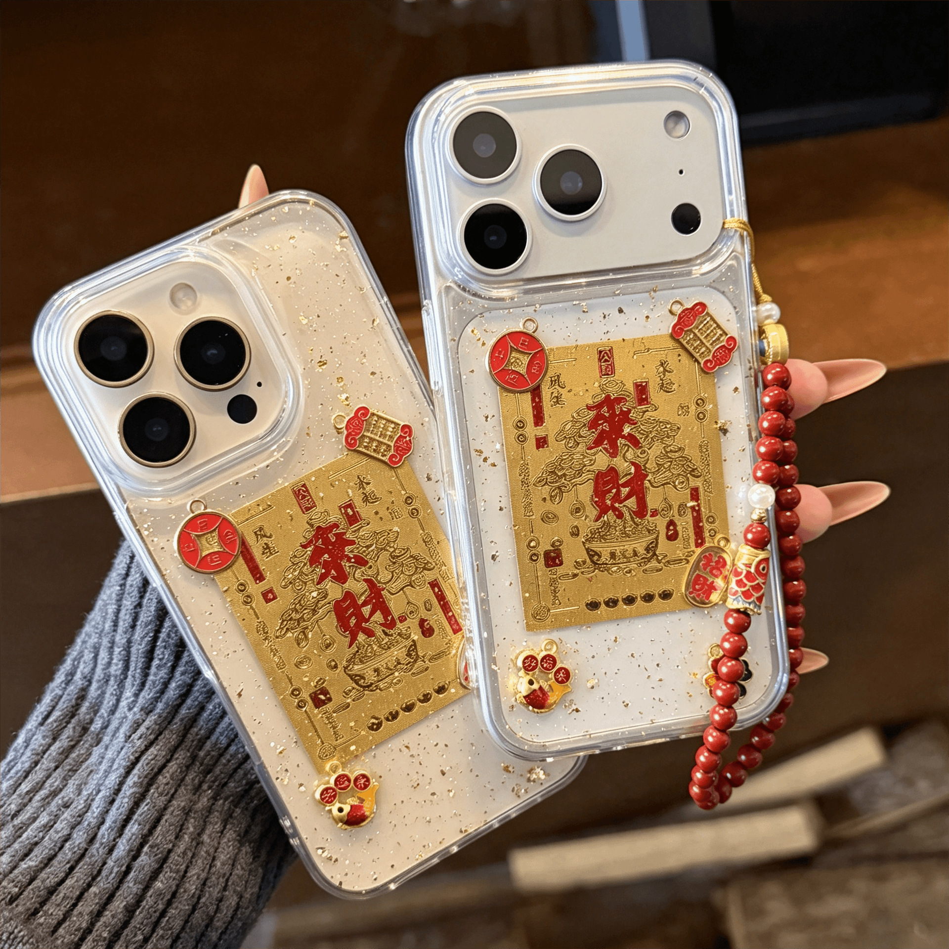 适用苹果18promax手机壳iphone17滴胶金箔来财招财16pro新款X创意