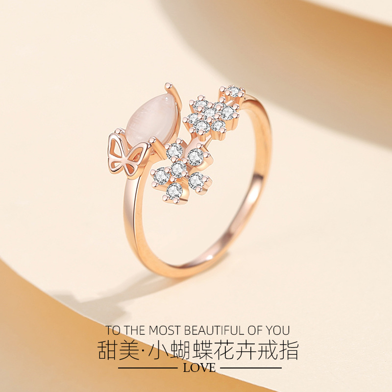 Pequeño anillo de mariposa 925 Plata estilo coreano flor fresca anillo de las mujeres Corea del Sur nicho alto sentido ins estilo joyería