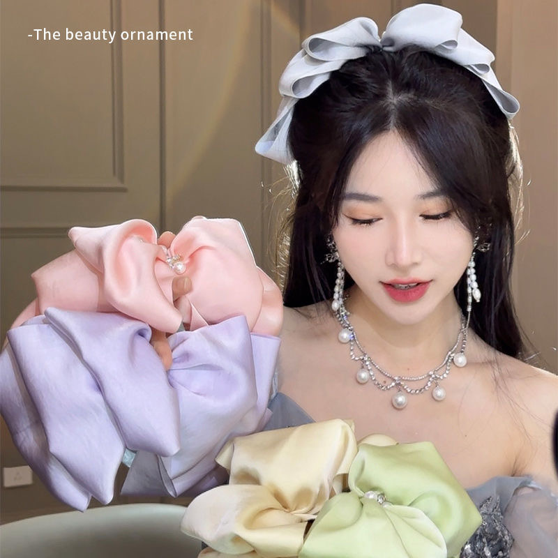 女性の後頭部用のパールの大きなリボンヘアピン、かわいいヘアピン、ヘアアクセサリー、高級帽子、ワンラインスプリングクリップ卸売|undefined