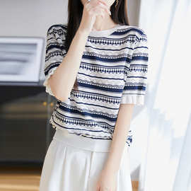 25年夏季新款复古天丝桑蚕丝棉圆领针织衫短袖镂空拼色条纹T恤女