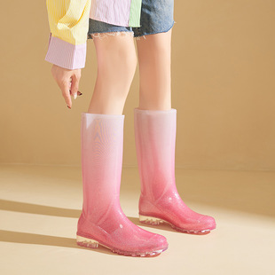Rain Boots Women's Cross-border Fashion Outfit Mid-high Gradient Jelly Water Shoes Waterproof Non-slip Warm Ins Fashionable Rubber Shoes