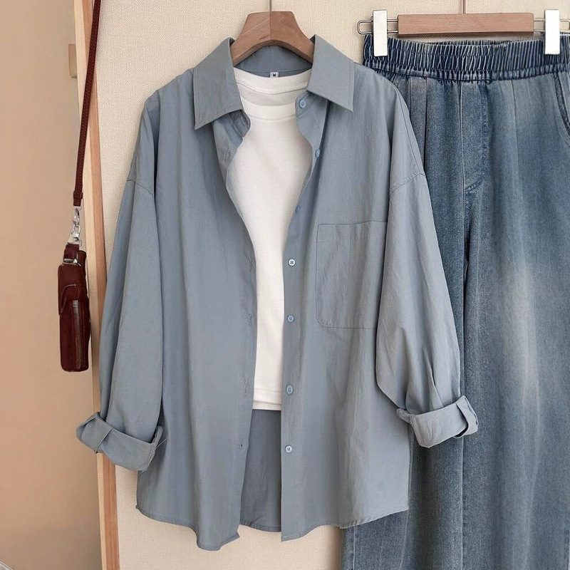 100% Cotton French Style Pure Cotton Shirt for Women, Thin Outer Wear, Loose, Flesh-Covering, Slimming Look Shirt, Sun Protection Top Cardigan