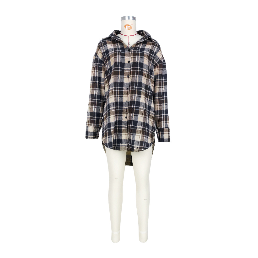 Women Clothing Comfortable Cotton Plaid Coat Shirt Dress