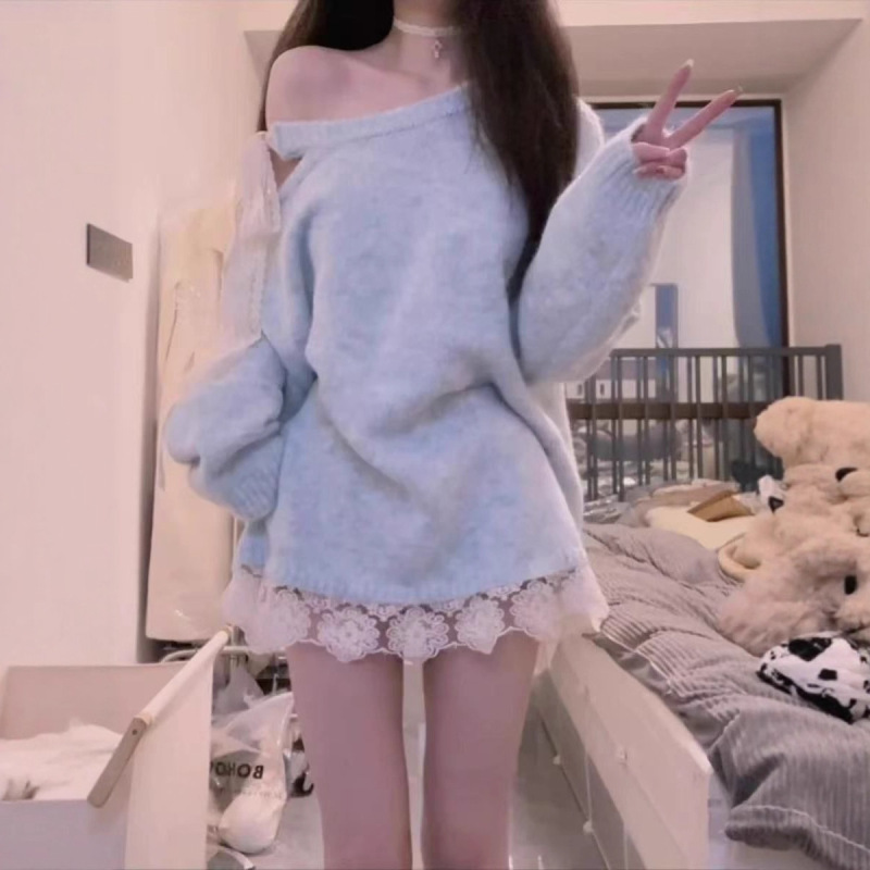 韩系高级感蕾丝系带蝴蝶结氛围蓝色毛衣女秋冬慵懒风露肩温柔上衣|undefined