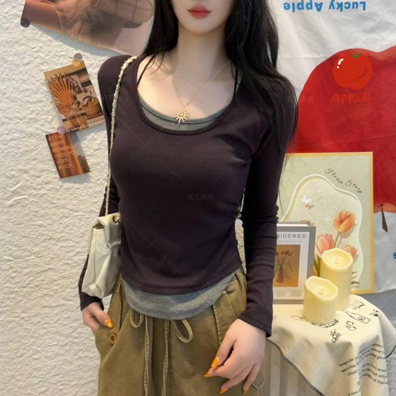 2025新款秋季撞色假两件长袖圆领设计感百搭打底衫女上衣|undefined