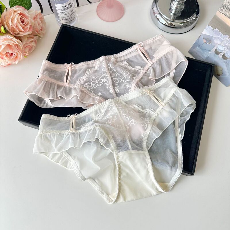 Rock Candy Flower Tea ~ Sexy Pure Desire Bowknot Japanese Lace Panties for Women Summer Ruffled Temptation Transparent Briefs