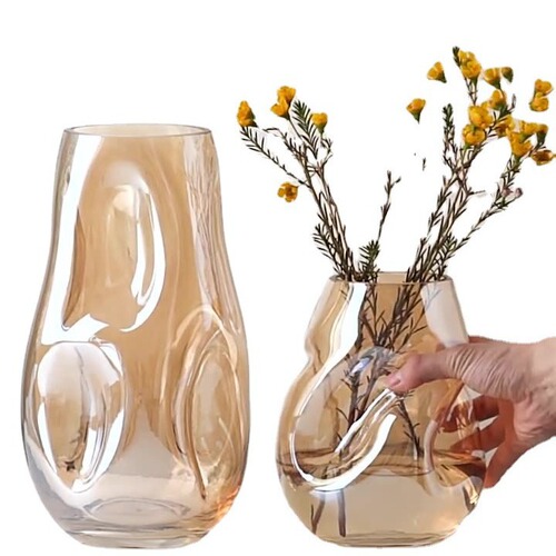 Modern light luxury irregular amber vase, hotel club sample room glass decoration, gold irregular vase