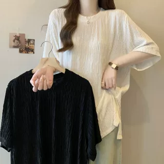 大码女装肌理感开叉正肩短袖t恤女2025夏季新款宽松显瘦开叉上衣