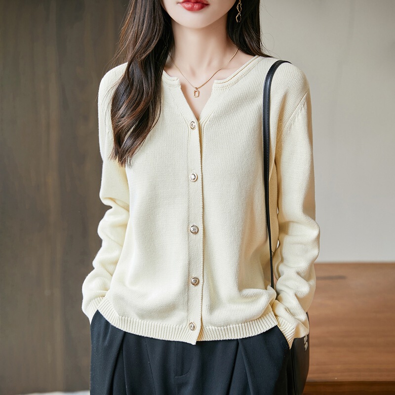 25 Years Early Autumn New Pure Cotton Thread V Neck Rolled Edge Knitted Cardigan Long-Sleeved Women's Pure Color Loose and Versatile Top