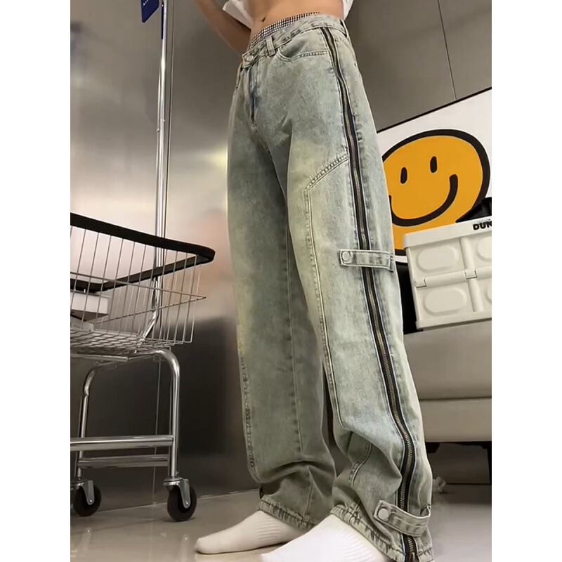 Cyber Celebrant Buckle Yellow Mud Jeans Men's American Style High Street Straight Tube Washed Design Sense Side Zipper Split Long Trendy Pants