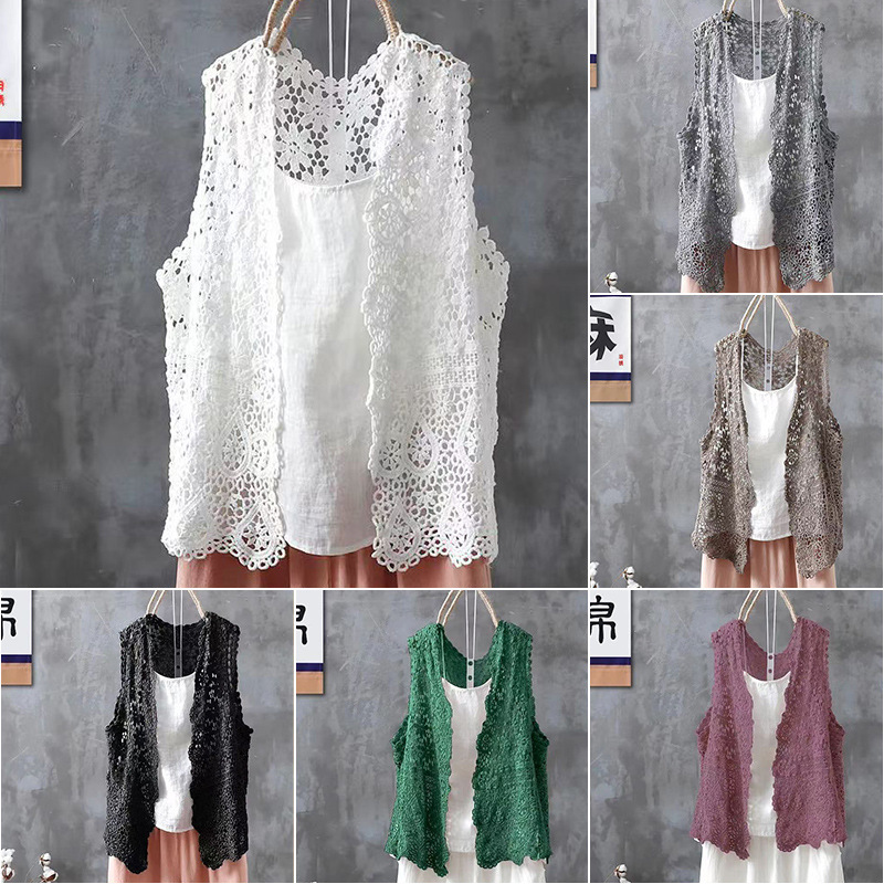 Summer New Lace Stitching Crochet Hollow Cotton Solid Color Sleeveless Cardigan Vest Women's Casual All-match Vest Women