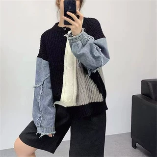 秋冬新款毛衣女潮流牛仔拼接麻花套头上衣显瘦气质宽松针织衫女装