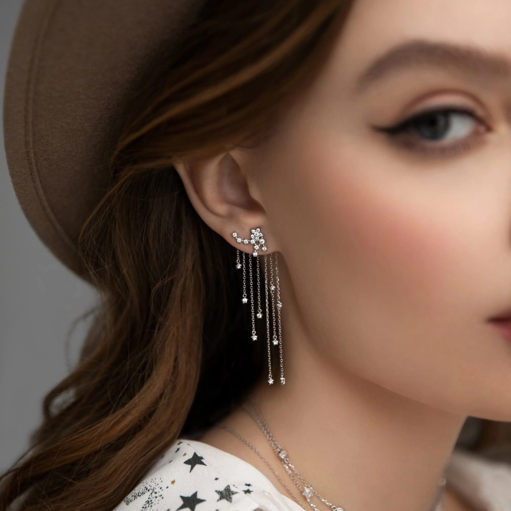 Holiday, Daily Occasion 1 Pair 925 Sterling Silver Star Tassel Drop Earrings