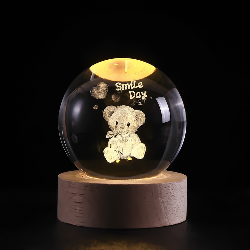 Bola de cristal luminosa lámpara de noche 3D esculpida estrella base de madera sólida regalo de cumpleaños decoración de escritorio creativa