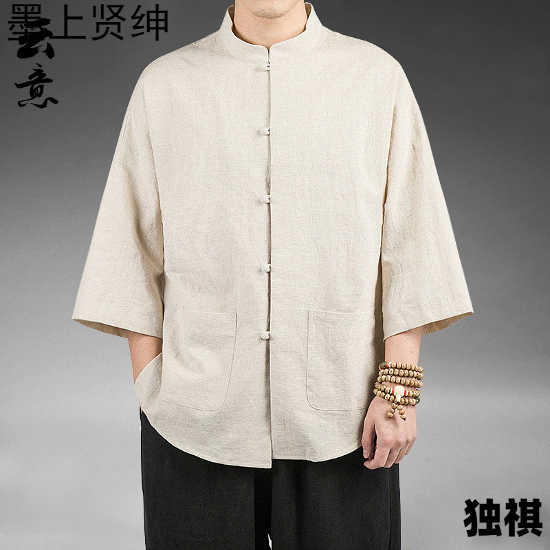 Camisa Zhongshan de lino de estilo chino, manga de cinco puntos para hombres, traje Tang, algodón y lino chino, camisa fina informal, traje de té de verano