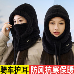 围脖口罩一体帽子女冬季加绒加厚套头帽护耳防风棉帽骑车保暖神器