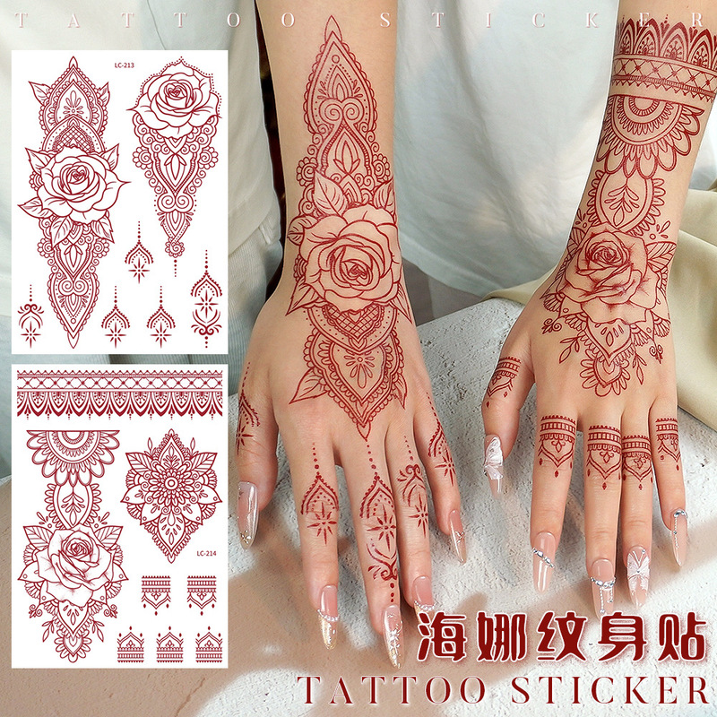 New Cross-Border Red Henna Lace Tattoo Stickers with a High-End Feel, Realistic Temporary Tattoo Stickers for the Back of the Hand, Indian Style, in Stock