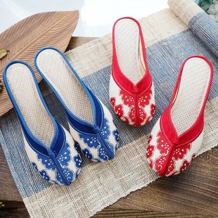 Slippers Blue and White Porcelain Vintage Embroidered Cloth Shoes Fabric Slippers Summer Sandals for Women